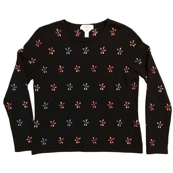 Talbots Cashmere Black Floral Pullover Sweater Lightweight Women Size Small - Picture 2 of 6